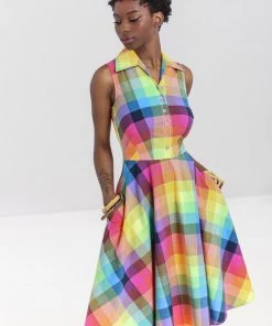 New Arrivals And Restocks Hell Bunny Lucia 50's Dress Sleeveless Rainbow Check Tartan