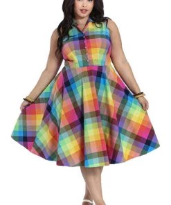 New Arrivals And Restocks Hell Bunny Lucia 50's Dress Sleeveless Rainbow Check Tartan