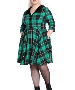 New Arrivals And Restocks Hell Bunny Beryl Mid Dress 3/4 Sleeves Black And Green Tartan