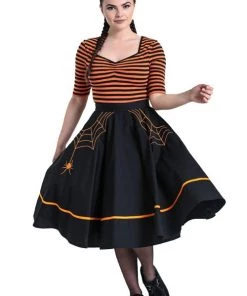 Clothing Hell Bunny Miss Muffet 50's Skirt In Black With Orange Trims