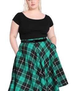 New Arrivals And Restocks Hell Bunny Beryl Skirt Black And Green Tartan With A Belt