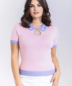 New Arrivals And Restocks Hell Bunny Lollie Top Knitted Pink And Lavender With Embroidered Hearts