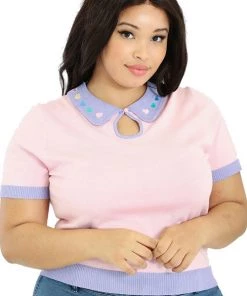 New Arrivals And Restocks Hell Bunny Lollie Top Knitted Pink And Lavender With Embroidered Hearts