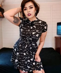 Collectif Mary Grace Skater Dress In Creepy Girl Print