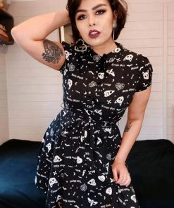 Collectif Mary Grace Skater Dress In Creepy Girl Print