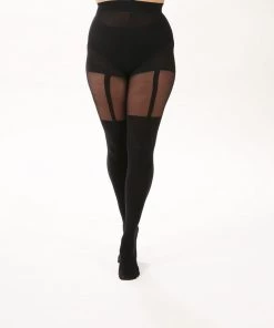 Pamela Mann Hosiery Curvy Super-Stretch Tights In Mock Suspenders Black