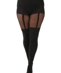 Pamela Mann Hosiery Curvy Super-Stretch Tights In Mock Suspenders Black