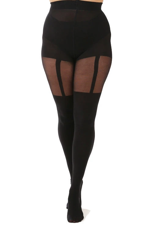 Pamela Mann Hosiery Curvy Super-Stretch Tights In Mock Suspenders Black 1 Pamela Mann Hosiery Curvy Super-Stretch Tights In Mock Suspenders Black