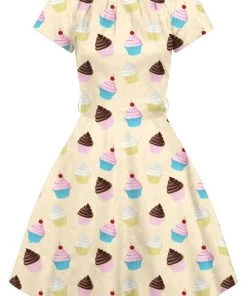 Lady Vintage Day Dress In Cream Cupcakes